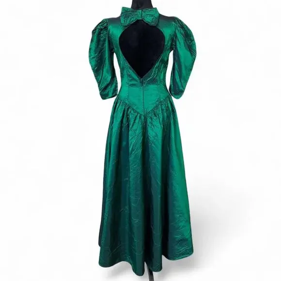 80s Emerald Green Taffeta Dress – Whimsygoth Puff Sleeve Midi S - Picture 1 of 8
